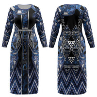 Aotearoa Tuwharetoa Couples Matching Long Sleeve Bodycon Dress and Long Sleeve Button Shirt Maori Tribal Navy Paua Shell Pattern DT05 - Polynesian Pride