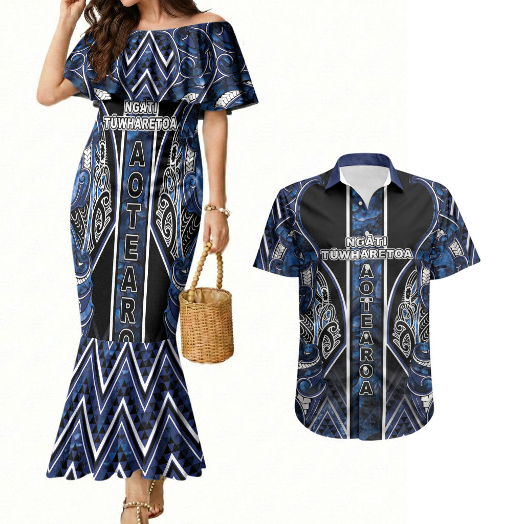 Aotearoa Tuwharetoa Couples Matching Mermaid Dress and Hawaiian Shirt Maori Tribal Navy Paua Shell Pattern DT05 Navy - Polynesian Pride