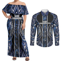Aotearoa Tuwharetoa Couples Matching Off Shoulder Maxi Dress and Long Sleeve Button Shirt Maori Tribal Navy Paua Shell Pattern DT05 Navy - Polynesian Pride