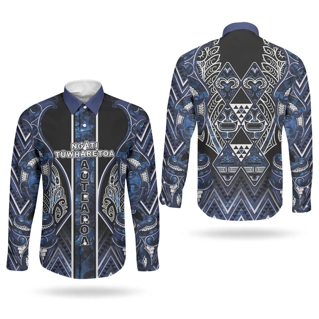 Aotearoa Tuwharetoa Couples Matching Off Shoulder Maxi Dress and Long Sleeve Button Shirt Maori Tribal Navy Paua Shell Pattern DT05 - Polynesian Pride