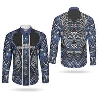 Aotearoa Tuwharetoa Couples Matching Off Shoulder Maxi Dress and Long Sleeve Button Shirt Maori Tribal Navy Paua Shell Pattern DT05 - Polynesian Pride