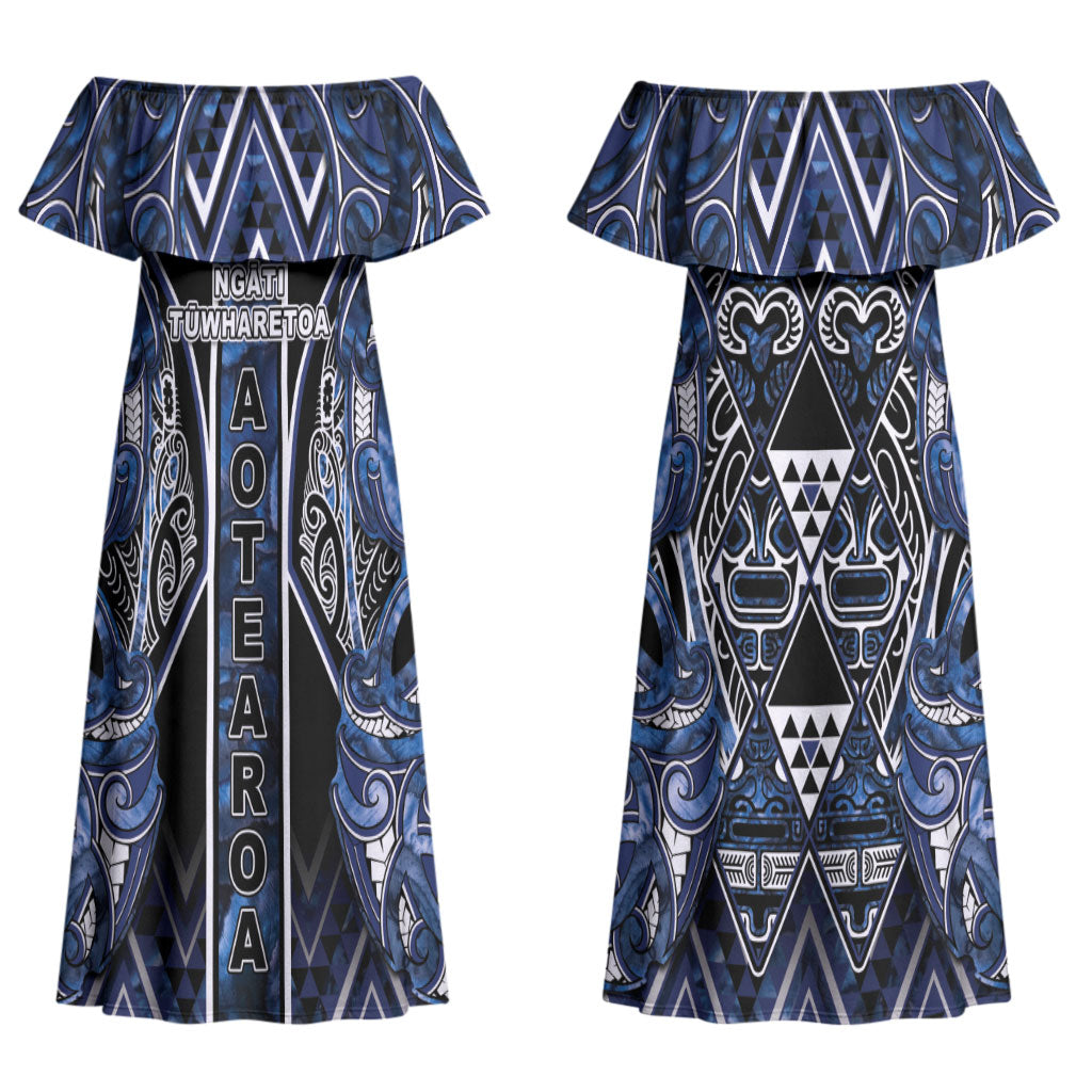 Aotearoa Tuwharetoa Couples Matching Off Shoulder Maxi Dress and Long Sleeve Button Shirt Maori Tribal Navy Paua Shell Pattern DT05 - Polynesian Pride