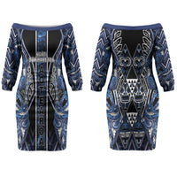 Aotearoa Tuwharetoa Couples Matching Off The Shoulder Long Sleeve Dress and Hawaiian Shirt Maori Tribal Navy Paua Shell Pattern DT05 - Polynesian Pride