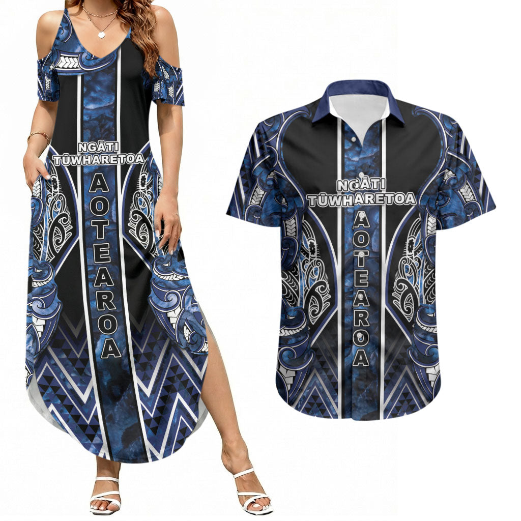 Aotearoa Tuwharetoa Couples Matching Summer Maxi Dress and Hawaiian Shirt Maori Tribal Navy Paua Shell Pattern DT05 Navy - Polynesian Pride