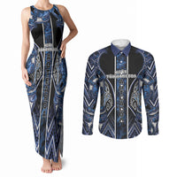 Aotearoa Tuwharetoa Couples Matching Tank Maxi Dress and Long Sleeve Button Shirt Maori Tribal Navy Paua Shell Pattern DT05 Navy - Polynesian Pride