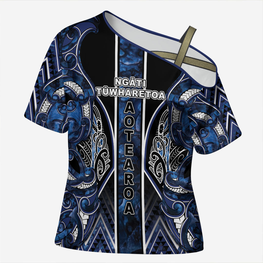 Aotearoa Tuwharetoa Cross Shoulder Shirt Maori Tribal Navy Paua Shell Pattern DT05 Female Navy - Polynesian Pride