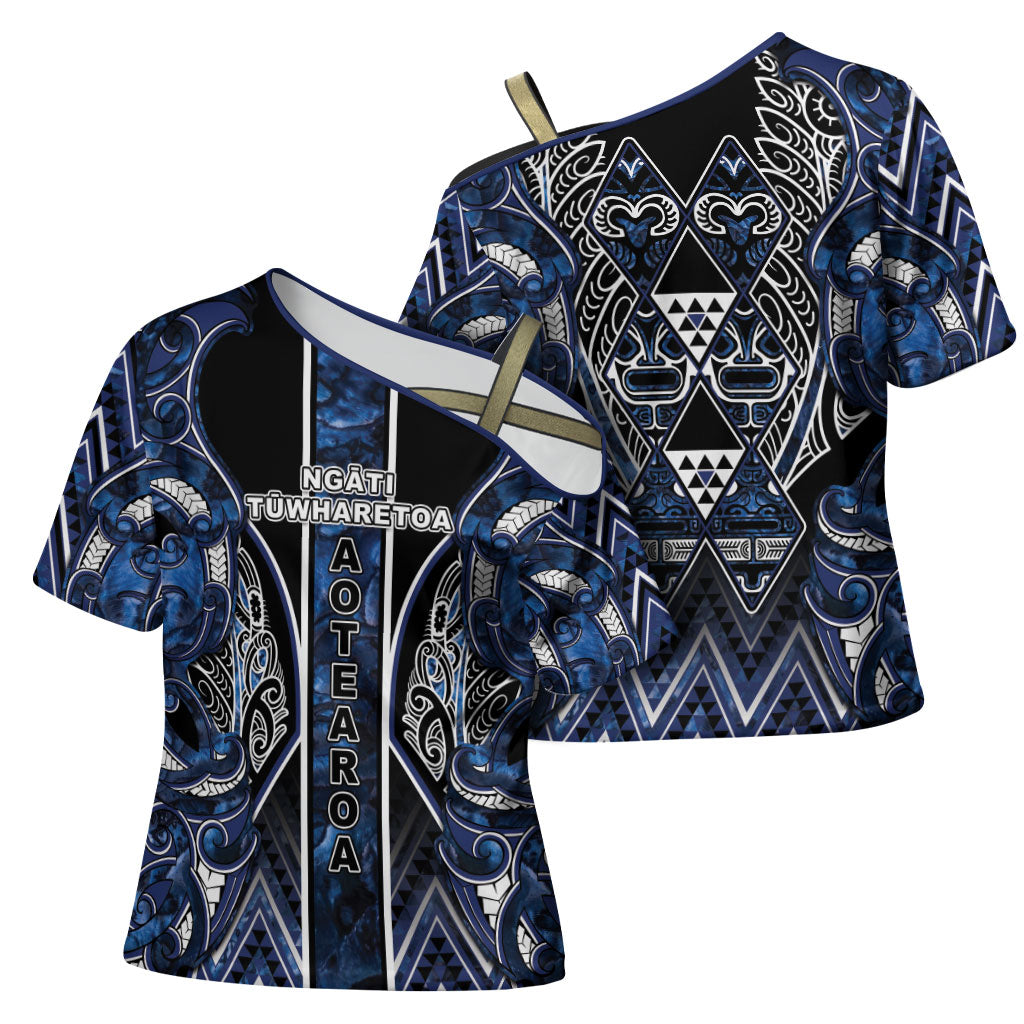 Aotearoa Tuwharetoa Cross Shoulder Shirt Maori Tribal Navy Paua Shell Pattern DT05 - Polynesian Pride