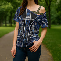 Aotearoa Tuwharetoa Cross Shoulder Shirt Maori Tribal Navy Paua Shell Pattern DT05 - Polynesian Pride