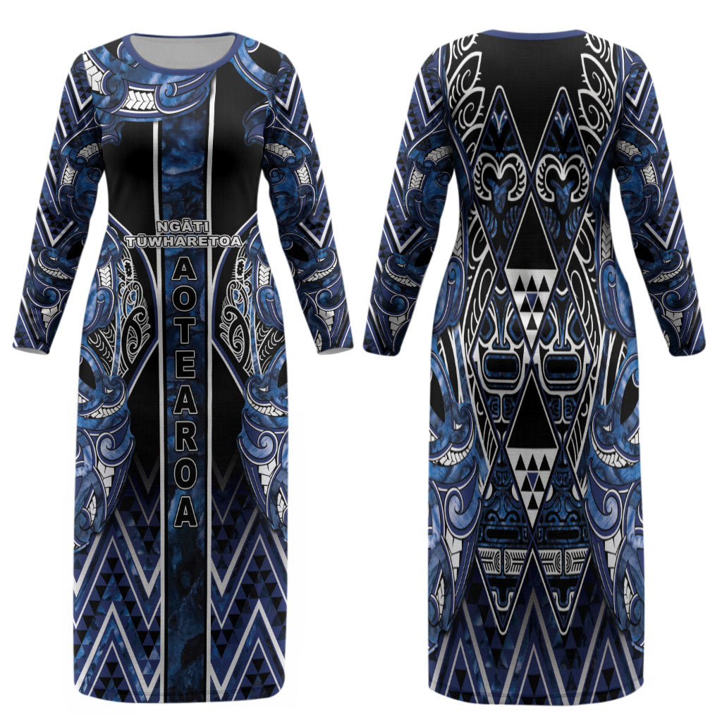 Aotearoa Tuwharetoa Family Matching Long Sleeve Bodycon Dress and Hawaiian Shirt Maori Tribal Navy Paua Shell Pattern DT05 Mom's Dress Navy - Polynesian Pride