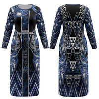 Aotearoa Tuwharetoa Family Matching Long Sleeve Bodycon Dress and Hawaiian Shirt Maori Tribal Navy Paua Shell Pattern DT05 Mom's Dress Navy - Polynesian Pride