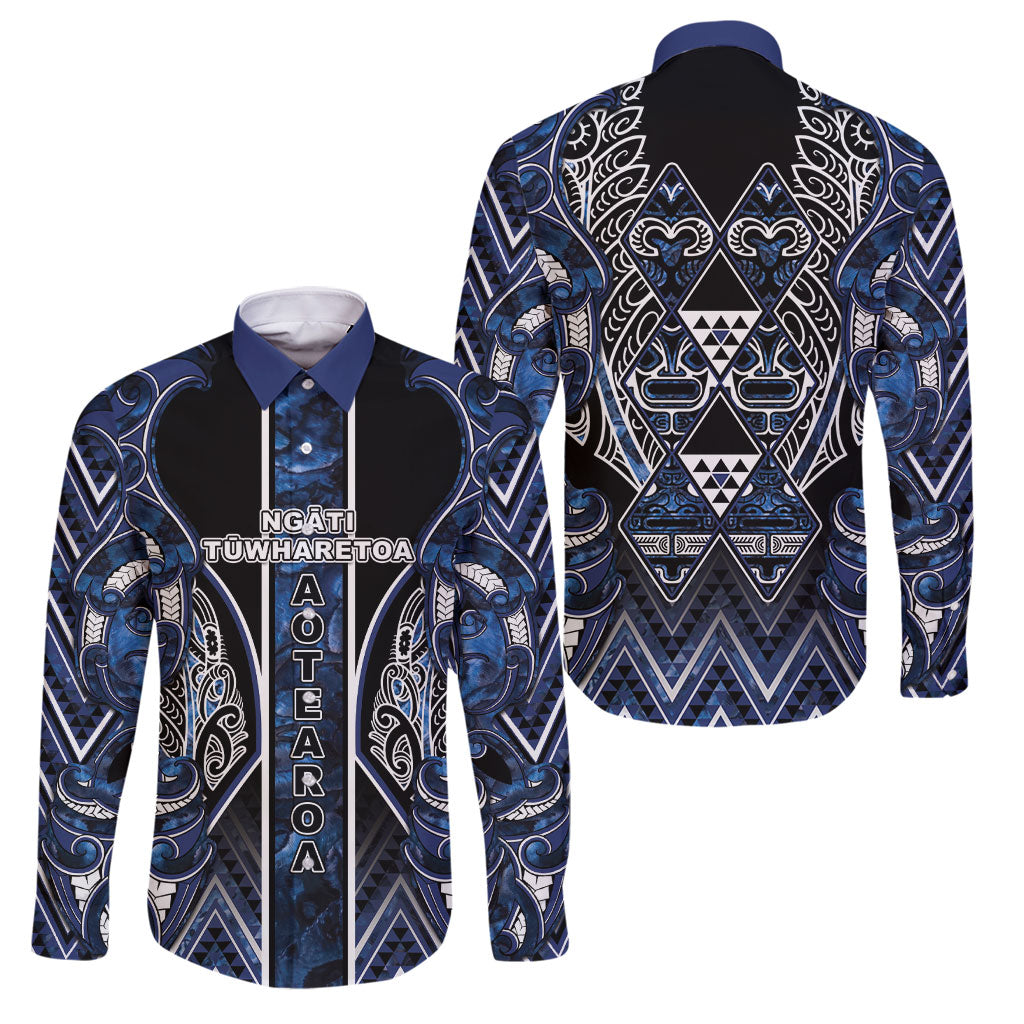 Aotearoa Tuwharetoa Family Matching Long Sleeve Bodycon Dress and Hawaiian Shirt Maori Tribal Navy Paua Shell Pattern DT05 Dad's Shirt - Long Sleeve Navy - Polynesian Pride