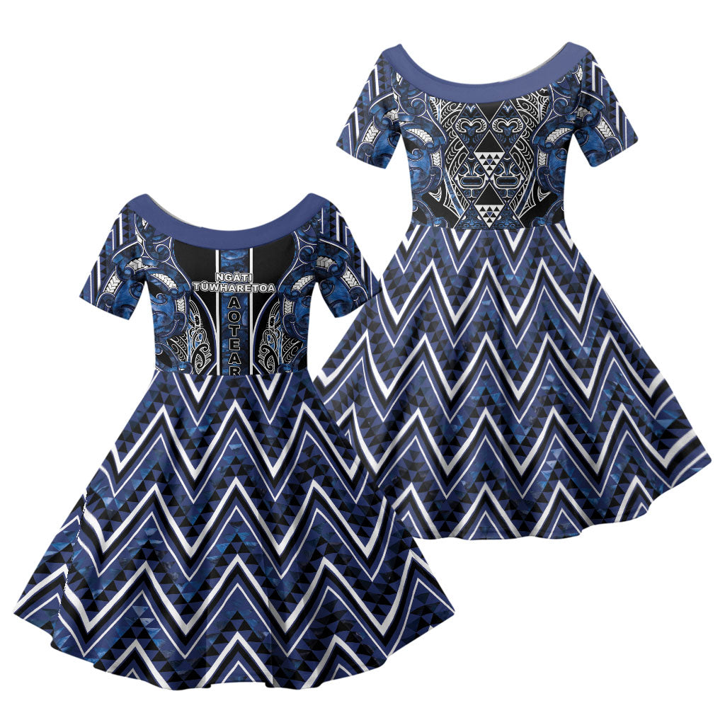 Aotearoa Tuwharetoa Family Matching Long Sleeve Bodycon Dress and Hawaiian Shirt Maori Tribal Navy Paua Shell Pattern DT05 Daughter's Dress Navy - Polynesian Pride