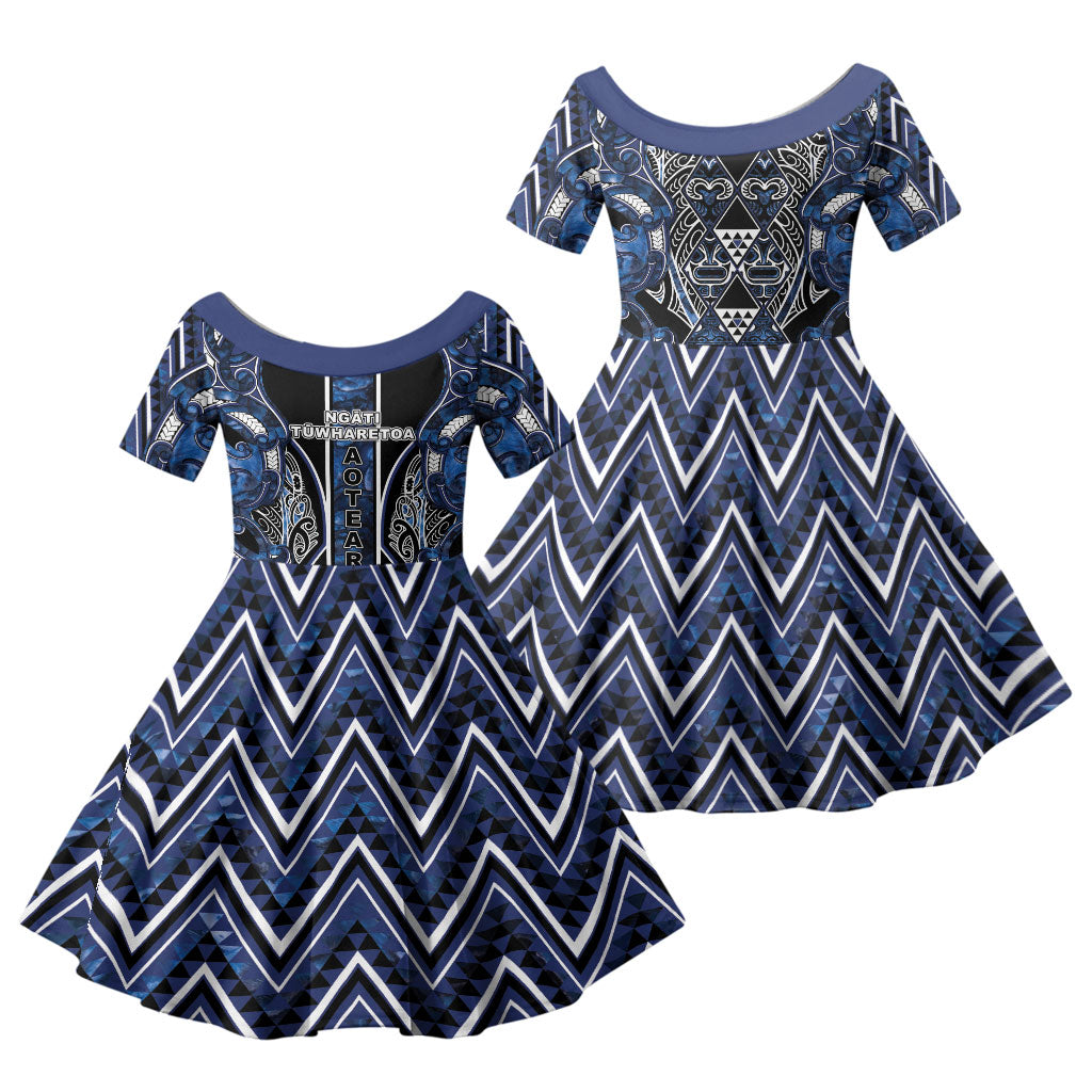 Aotearoa Tuwharetoa Family Matching Mermaid Dress and Hawaiian Shirt Maori Tribal Navy Paua Shell Pattern DT05 Daughter's Dress Navy - Polynesian Pride