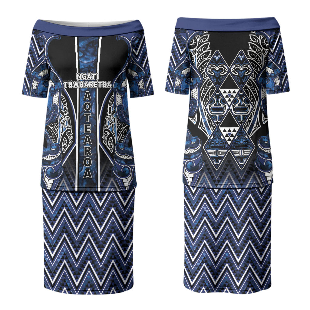 Aotearoa Tuwharetoa Family Matching Puletasi and Hawaiian Shirt Maori Tribal Navy Paua Shell Pattern DT05 Mom's Dress Navy - Polynesian Pride