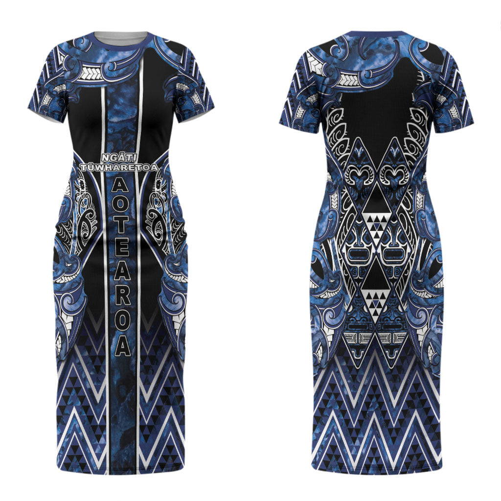 Aotearoa Tuwharetoa Family Matching Short Sleeve Bodycon Dress and Hawaiian Shirt Maori Tribal Navy Paua Shell Pattern DT05 Mom's Dress Navy - Polynesian Pride