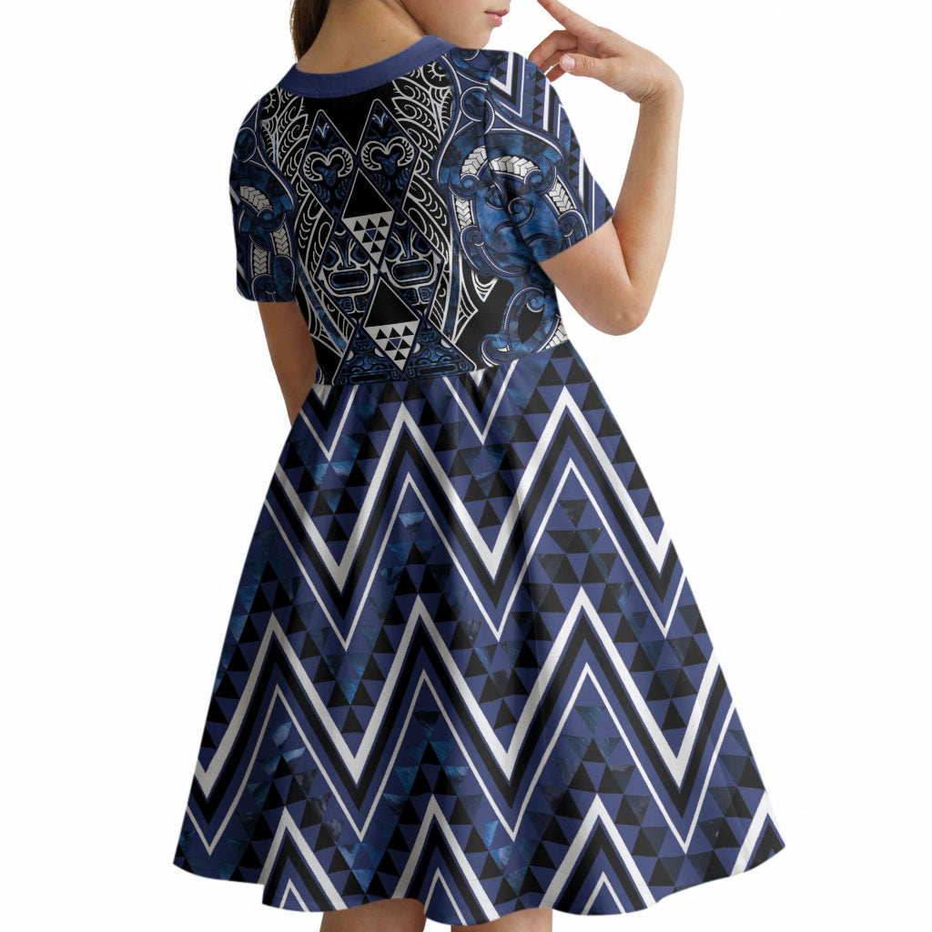 Aotearoa Tuwharetoa Kid Short Sleeve Dress Maori Tribal Navy Paua Shell Pattern DT05 - Polynesian Pride