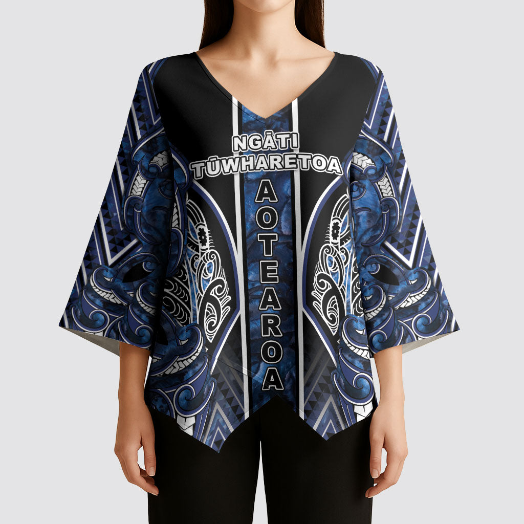 Aotearoa Tuwharetoa Kimono Sleeve Blouse Maori Tribal Navy Paua Shell Pattern DT05 - Polynesian Pride