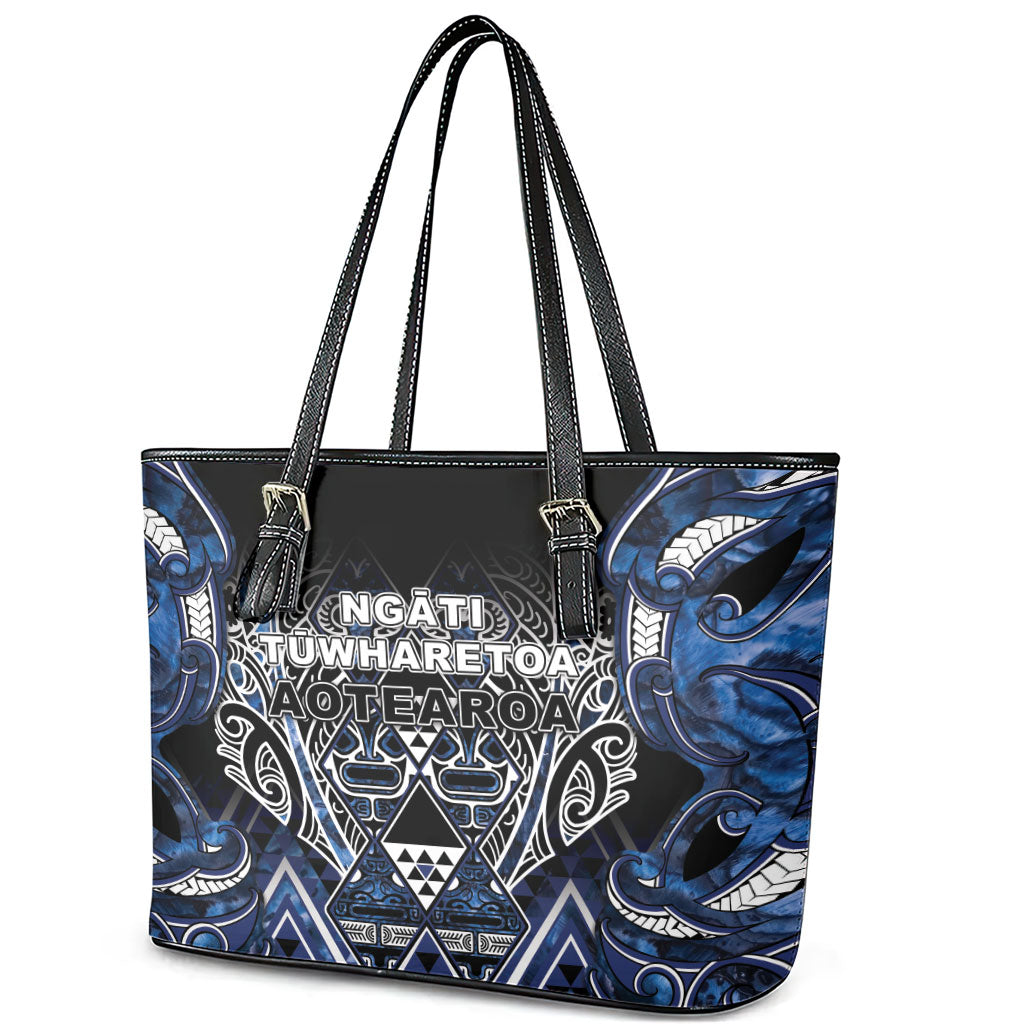 Aotearoa Tuwharetoa Leather Tote Bag Maori Tribal Navy Paua Shell Pattern DT05 - Polynesian Pride