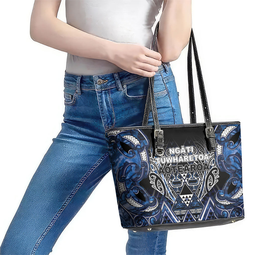 Aotearoa Tuwharetoa Leather Tote Bag Maori Tribal Navy Paua Shell Pattern DT05 - Polynesian Pride