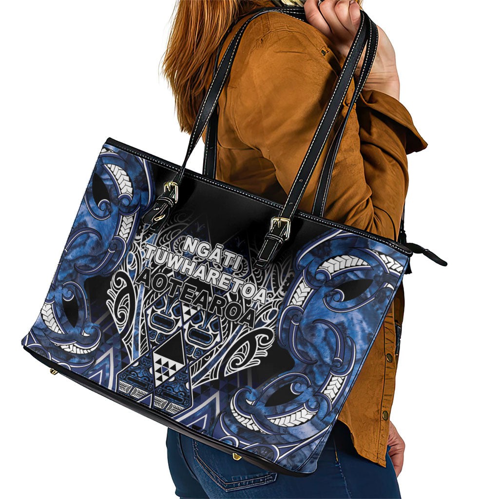 Aotearoa Tuwharetoa Leather Tote Bag Maori Tribal Navy Paua Shell Pattern DT05 - Polynesian Pride