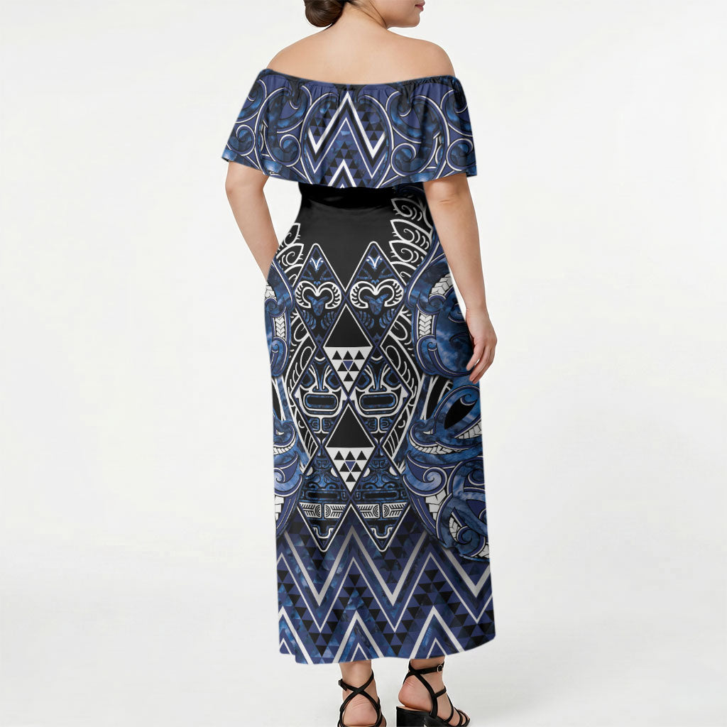 Aotearoa Tuwharetoa Off Shoulder Maxi Dress Maori Tribal Navy Paua Shell Pattern DT05 - Polynesian Pride