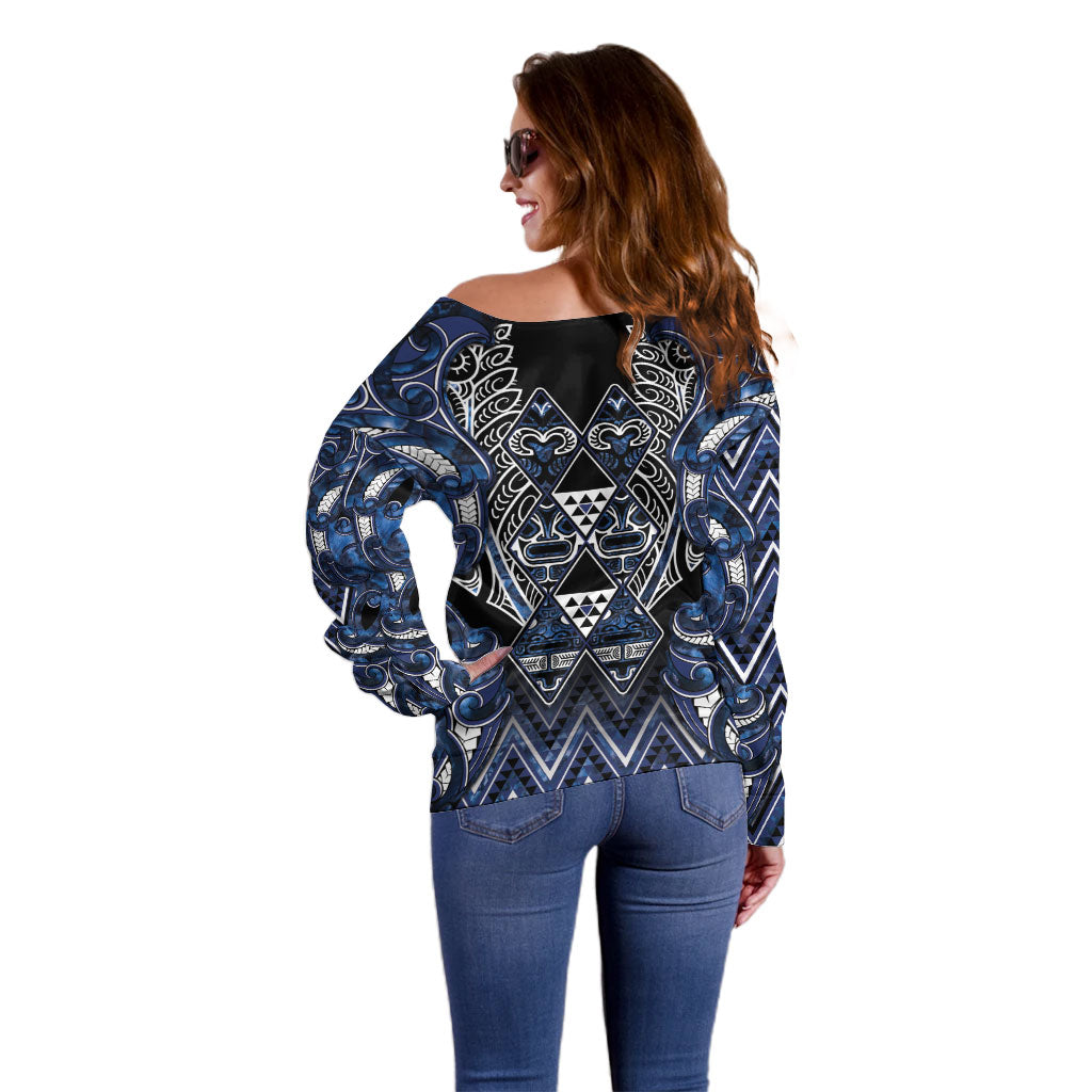 Aotearoa Tuwharetoa Off Shoulder Sweater Maori Tribal Navy Paua Shell Pattern DT05 - Polynesian Pride