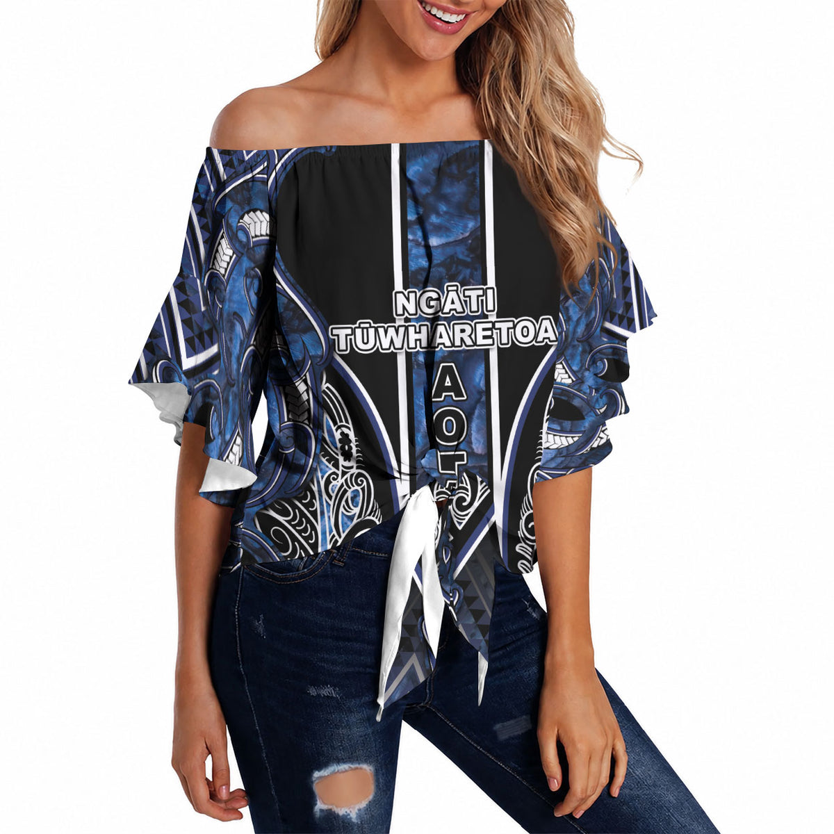 Aotearoa Tuwharetoa Off Shoulder Wrap Waist Top Maori Tribal Navy Paua Shell Pattern DT05 Navy - Polynesian Pride