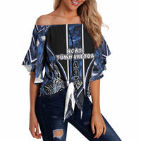 Aotearoa Tuwharetoa Off Shoulder Wrap Waist Top Maori Tribal Navy Paua Shell Pattern DT05 Navy - Polynesian Pride