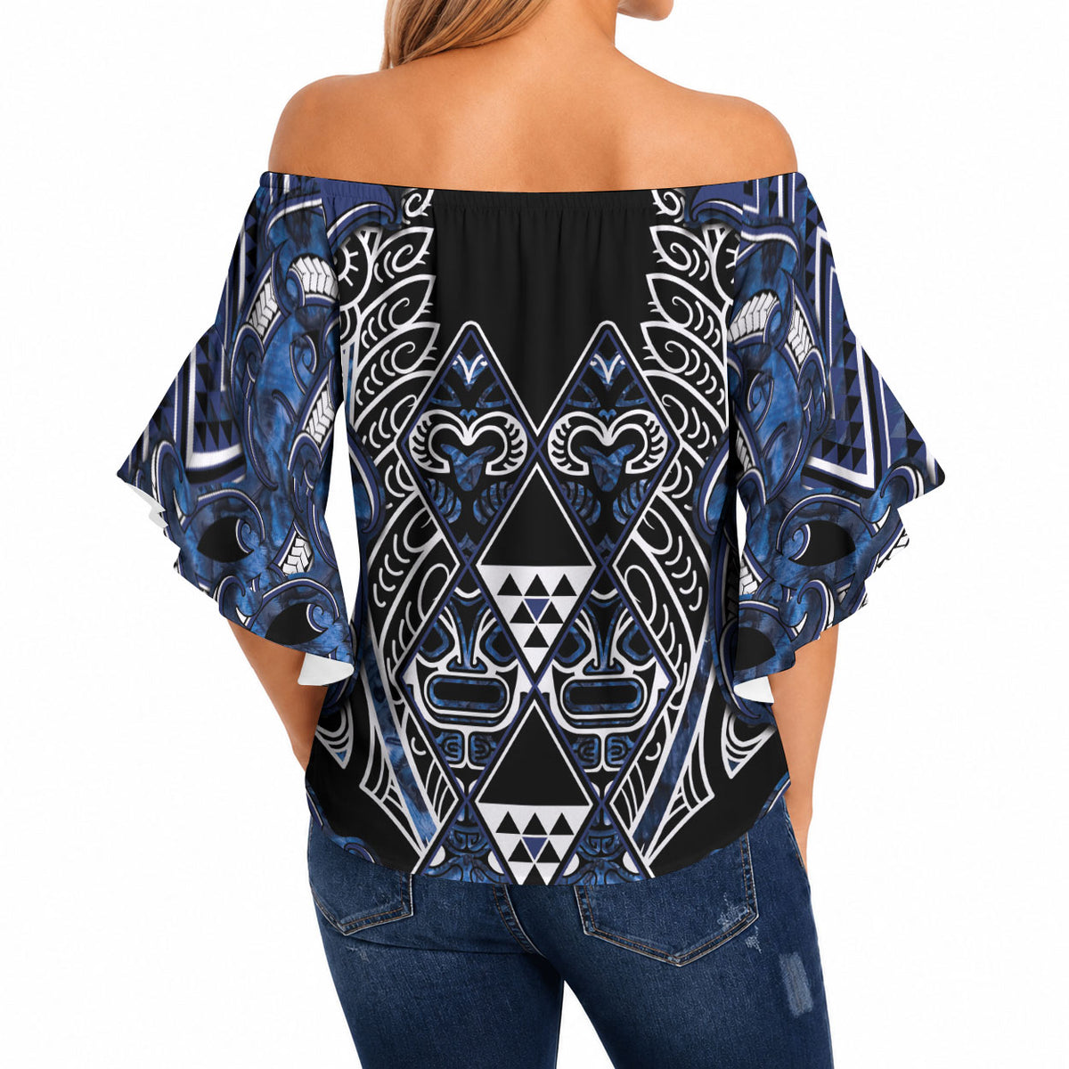 Aotearoa Tuwharetoa Off Shoulder Wrap Waist Top Maori Tribal Navy Paua Shell Pattern DT05 - Polynesian Pride