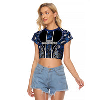 Aotearoa Tuwharetoa Raglan Cropped T Shirt Maori Tribal Navy Paua Shell Pattern DT05 Female Navy - Polynesian Pride