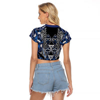 Aotearoa Tuwharetoa Raglan Cropped T Shirt Maori Tribal Navy Paua Shell Pattern DT05 - Polynesian Pride