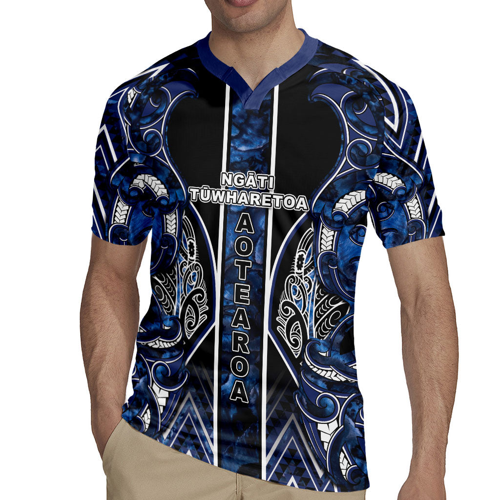 Aotearoa Tuwharetoa Rugby Jersey Maori Tribal Navy Paua Shell Pattern DT05 - Polynesian Pride