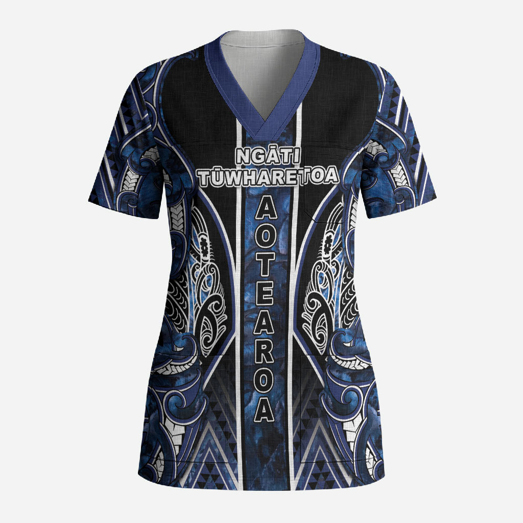Aotearoa Tuwharetoa Scrub Top Maori Tribal Navy Paua Shell Pattern DT05 Adult Navy - Polynesian Pride