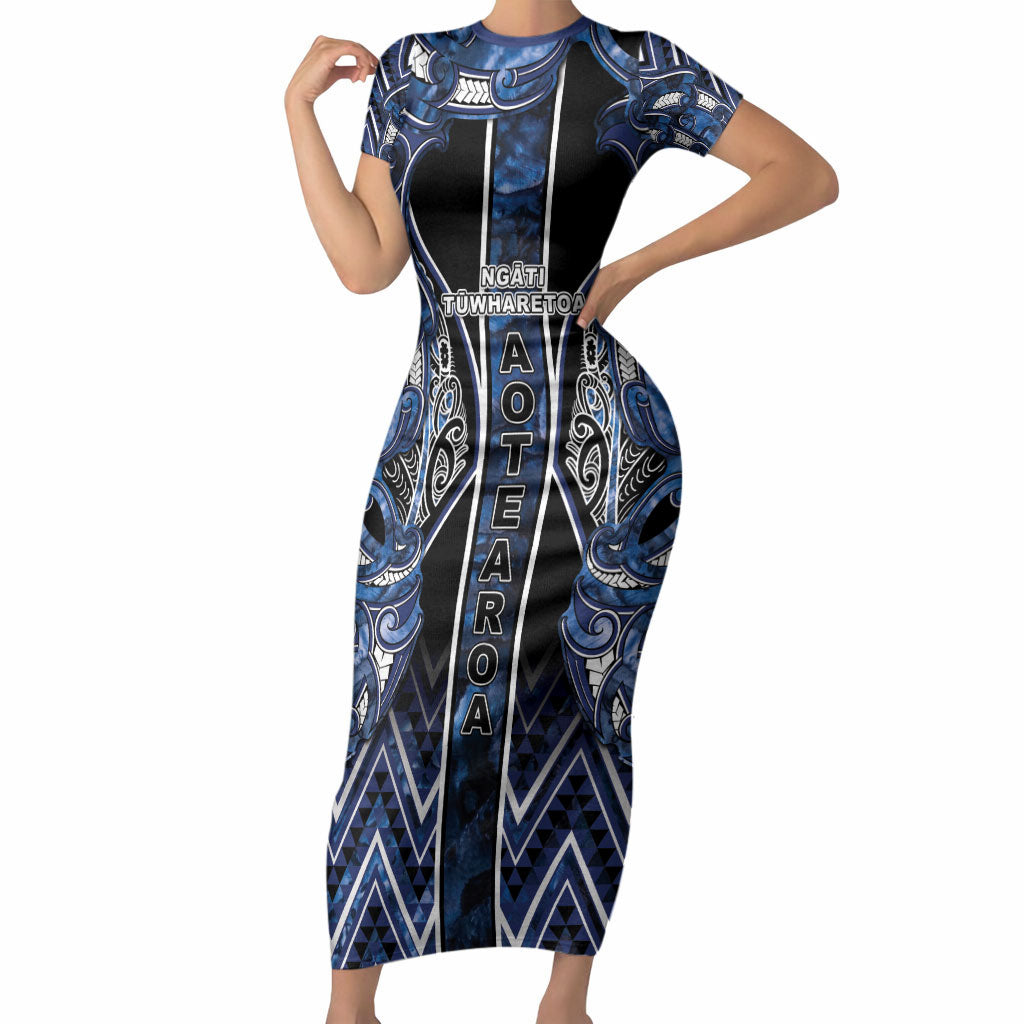 Aotearoa Tuwharetoa Short Sleeve Bodycon Dress Maori Tribal Navy Paua Shell Pattern DT05 Long Dress Navy - Polynesian Pride