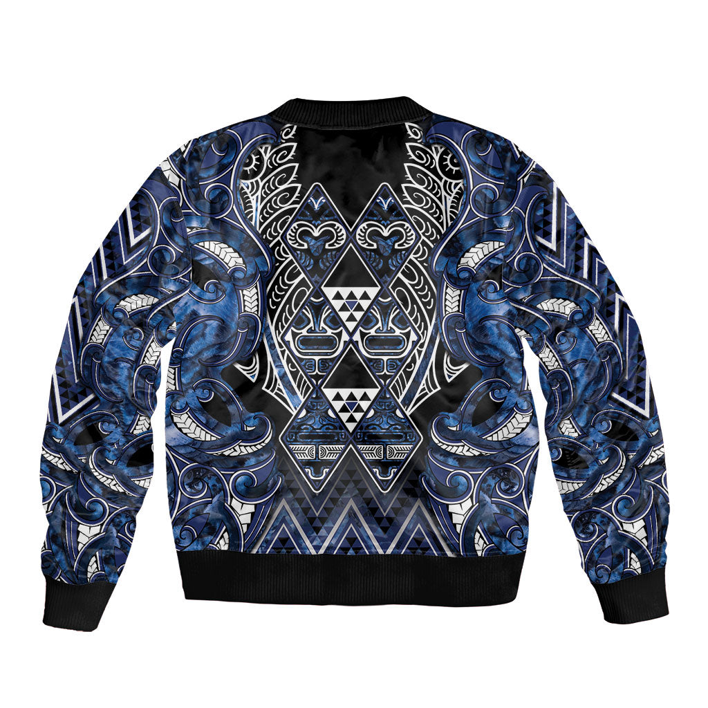 Aotearoa Tuwharetoa Sleeve Zip Bomber Jacket Maori Tribal Navy Paua Shell Pattern DT05 - Polynesian Pride