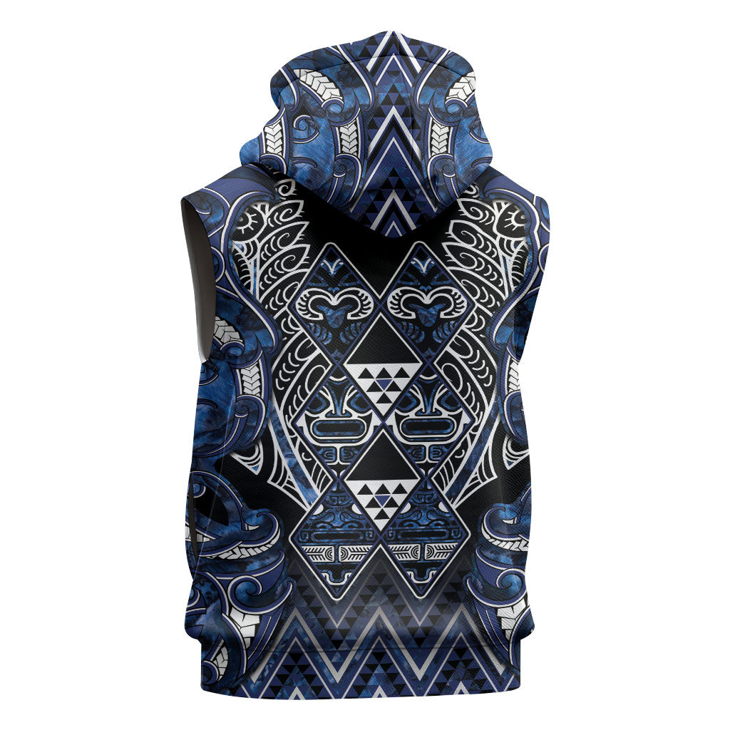 Aotearoa Tuwharetoa Sleeveless Hoodie Maori Tribal Navy Paua Shell Pattern DT05 - Polynesian Pride