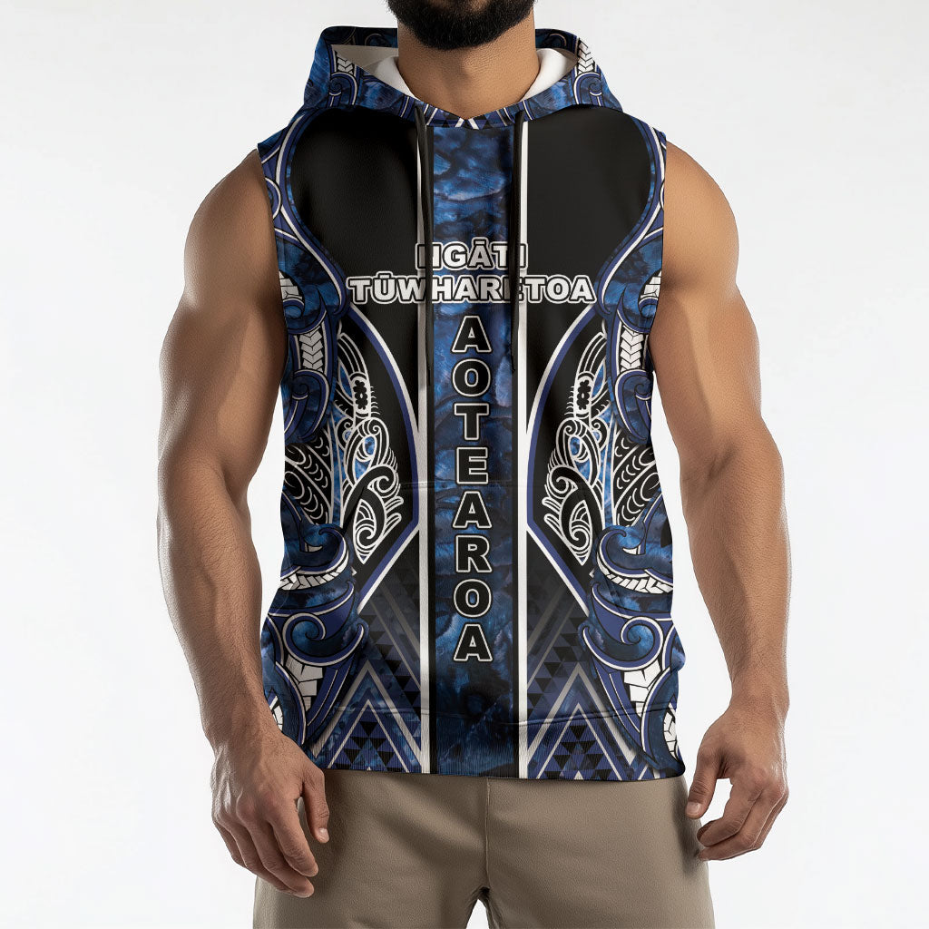 Aotearoa Tuwharetoa Sleeveless Hoodie Maori Tribal Navy Paua Shell Pattern DT05 - Polynesian Pride