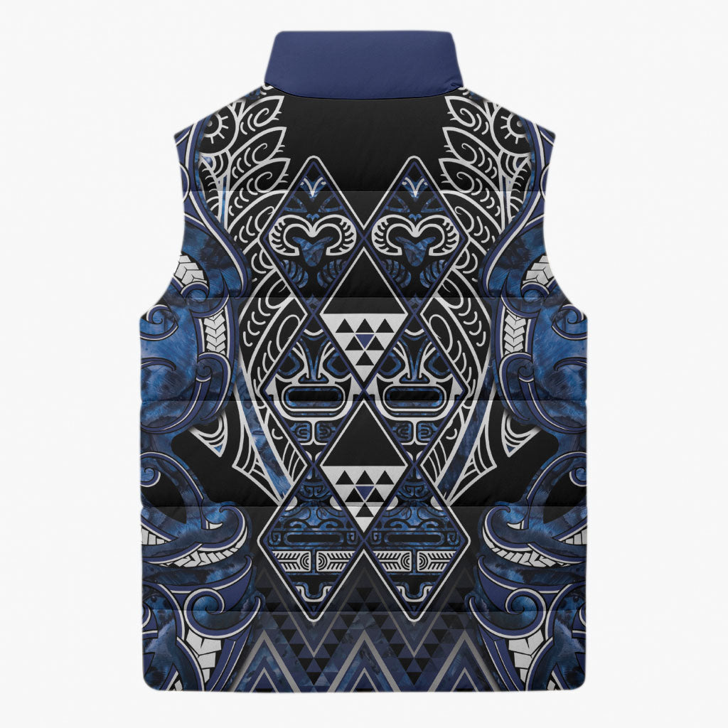 Aotearoa Tuwharetoa Sleeveless Puffer Jacket Maori Tribal Navy Paua Shell Pattern DT05 - Polynesian Pride