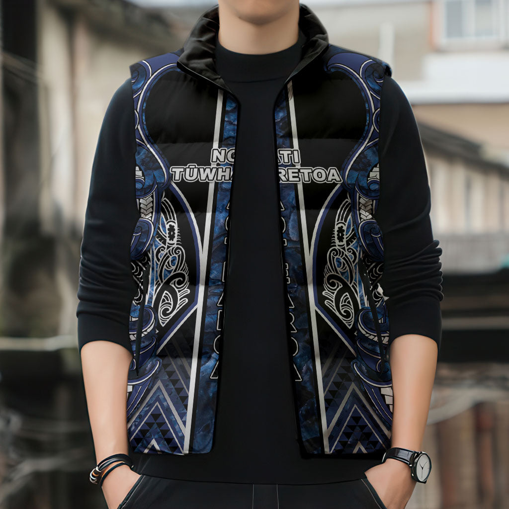 Aotearoa Tuwharetoa Sleeveless Puffer Jacket Maori Tribal Navy Paua Shell Pattern DT05 - Polynesian Pride