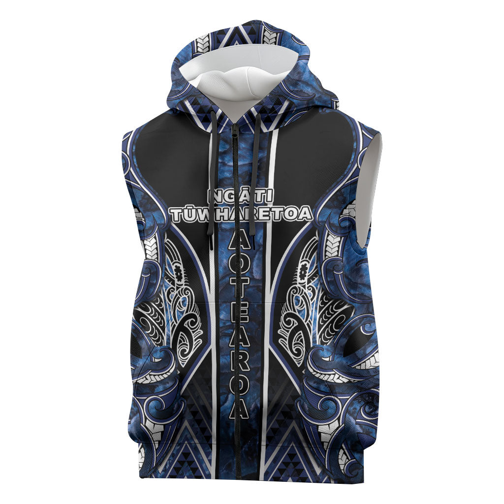 Aotearoa Tuwharetoa Sleeveless Zip Hoodie Maori Tribal Navy Paua Shell Pattern DT05 Navy - Polynesian Pride