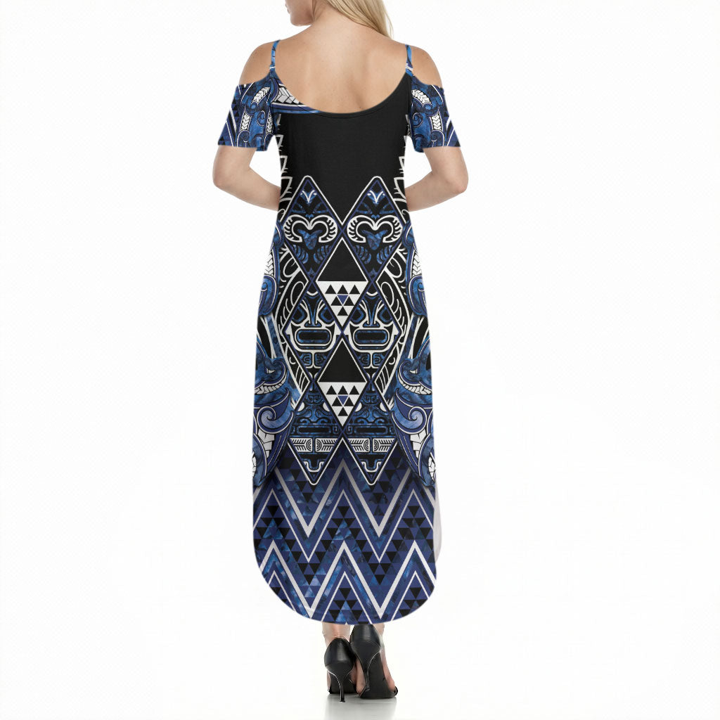 Aotearoa Tuwharetoa Summer Maxi Dress Maori Tribal Navy Paua Shell Pattern DT05 - Polynesian Pride