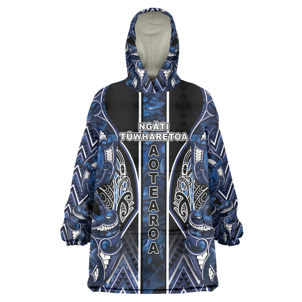 Aotearoa Tuwharetoa Wearable Blanket Hoodie Maori Tribal Navy Paua Shell Pattern DT05 One Size Navy - Polynesian Pride