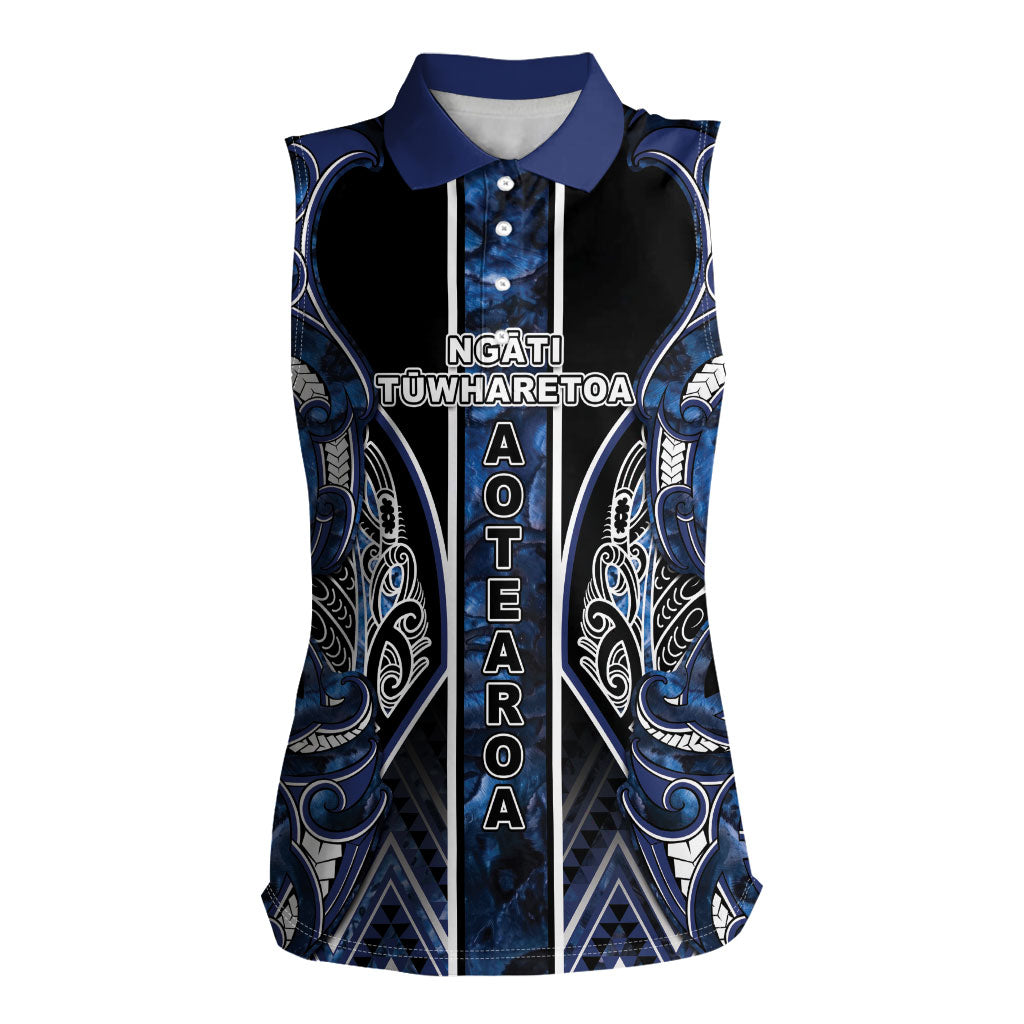 Aotearoa Tuwharetoa Women Sleeveless Polo Shirt Maori Tribal Navy Paua Shell Pattern DT05 Female Navy - Polynesian Pride