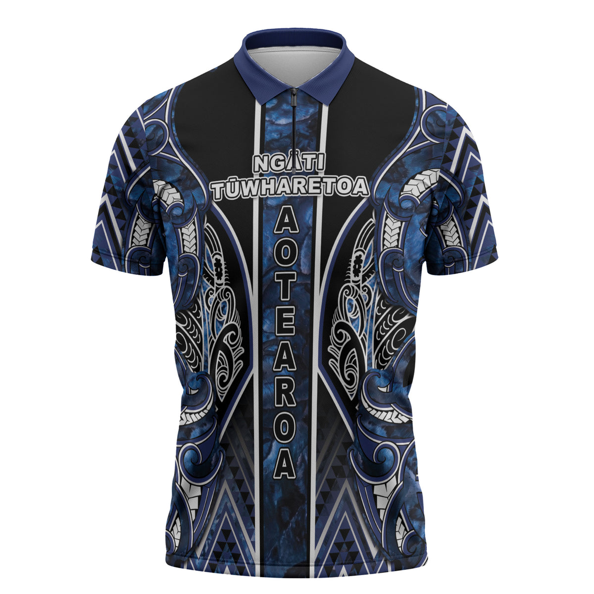 Aotearoa Tuwharetoa Zipper Polo Shirt Maori Tribal Navy Paua Shell Pattern DT05 Navy - Polynesian Pride