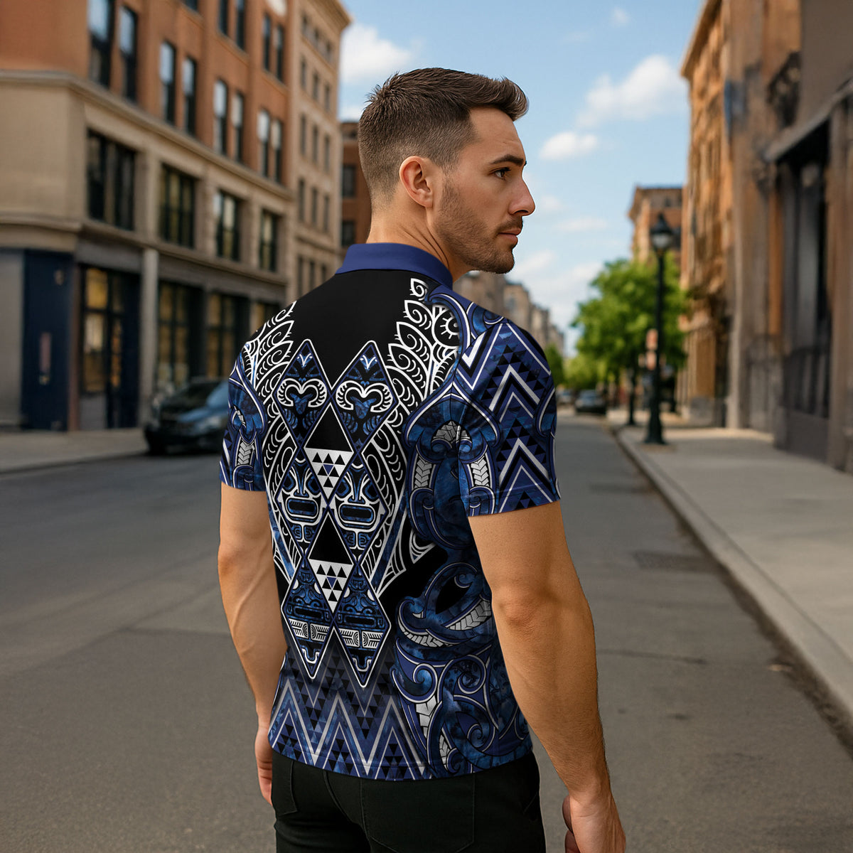 Aotearoa Tuwharetoa Zipper Polo Shirt Maori Tribal Navy Paua Shell Pattern DT05 - Polynesian Pride