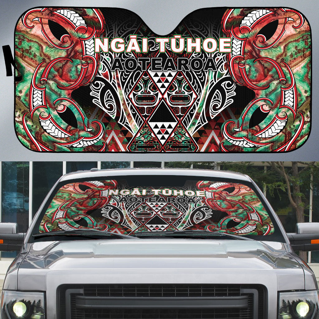 Aotearoa Ngai Tuhoe Auto Sun Shade Maori Tribal Red And Green Paua Shell Pattern DT05 Red - Polynesian Pride