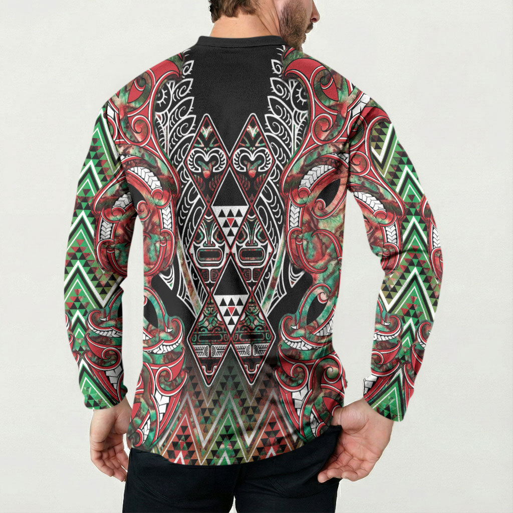 Aotearoa Ngai Tuhoe Button Sweatshirt Maori Tribal Red And Green Paua Shell Pattern DT05 - Polynesian Pride