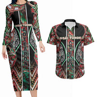 Aotearoa Ngai Tuhoe Couples Matching Long Sleeve Bodycon Dress and Hawaiian Shirt Maori Tribal Red And Green Paua Shell Pattern DT05 Red - Polynesian Pride