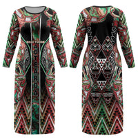 Aotearoa Ngai Tuhoe Couples Matching Long Sleeve Bodycon Dress and Hawaiian Shirt Maori Tribal Red And Green Paua Shell Pattern DT05 - Polynesian Pride