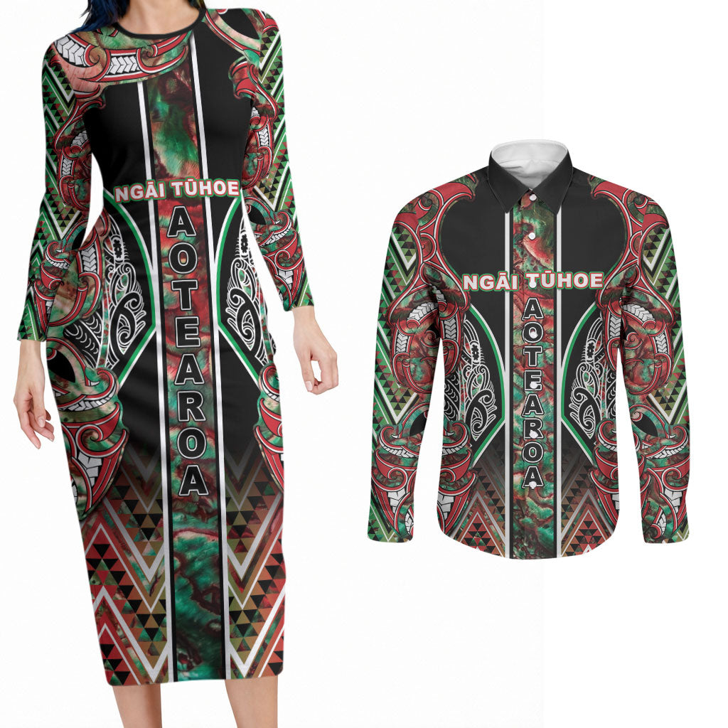 Aotearoa Ngai Tuhoe Couples Matching Long Sleeve Bodycon Dress and Long Sleeve Button Shirt Maori Tribal Red And Green Paua Shell Pattern DT05 Red - Polynesian Pride